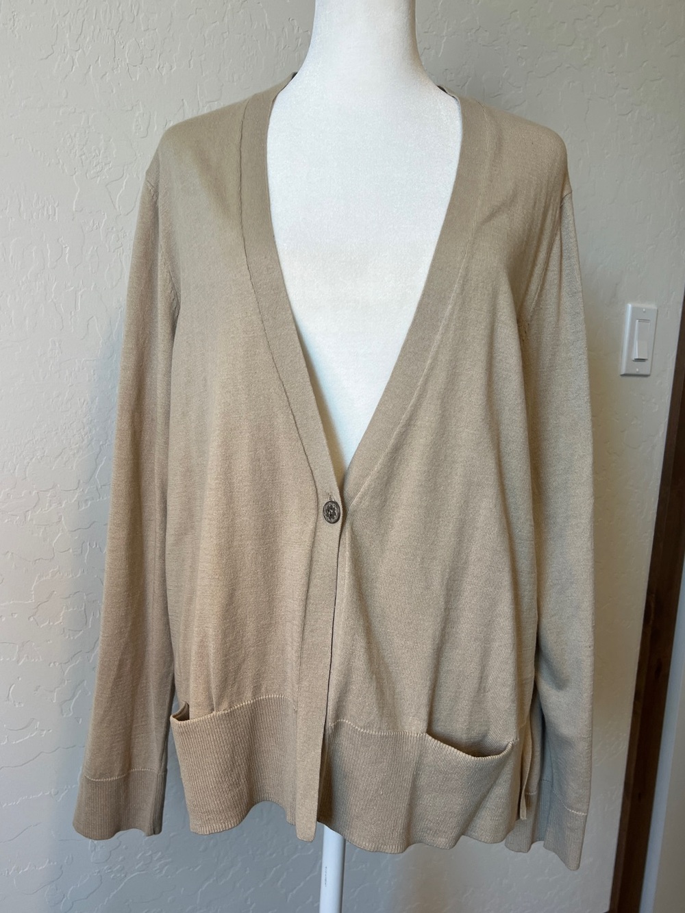 J Jill Minimalist Neutral Beige V-Neck One Button Cardigan Silk Blend Large
